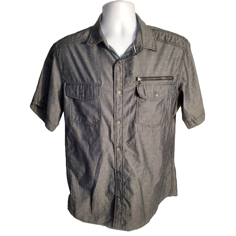 Rock & Republic Men's Large L Button-Up Short Sleeve Gray Shirt Zip Pocket